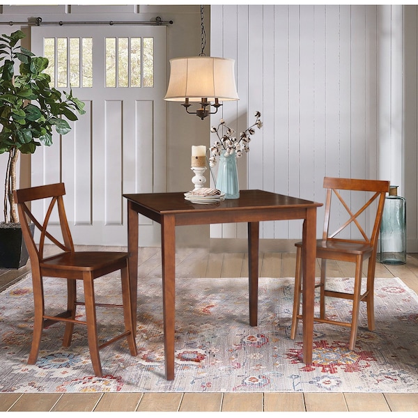 International Concepts 36 in. x 36 in. Counter Height Dining Table w/2 X-Back Stools, 24 in. Seat Height-3 Pc. Dining Set - K581-3636-S6132-2