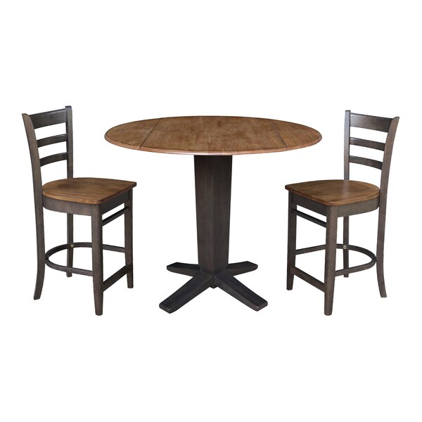 International Concepts 42 in. Solid Wood Dual Drop Leaf Dining Table with 2 Counter Height Stools in Hickory/Washed Coal - K45-42DPT-23-S6172-2