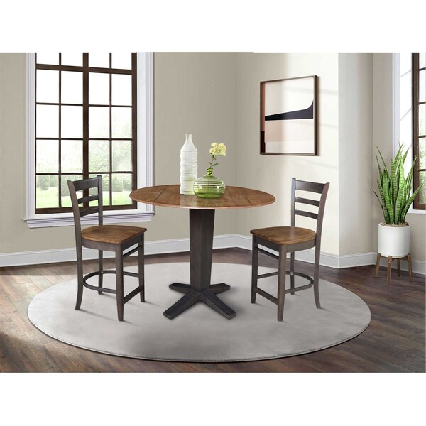 International Concepts 42 in. Solid Wood Dual Drop Leaf Dining Table with 2 Counter Height Stools in Hickory/Washed Coal - K45-42DPT-23-S6172-2