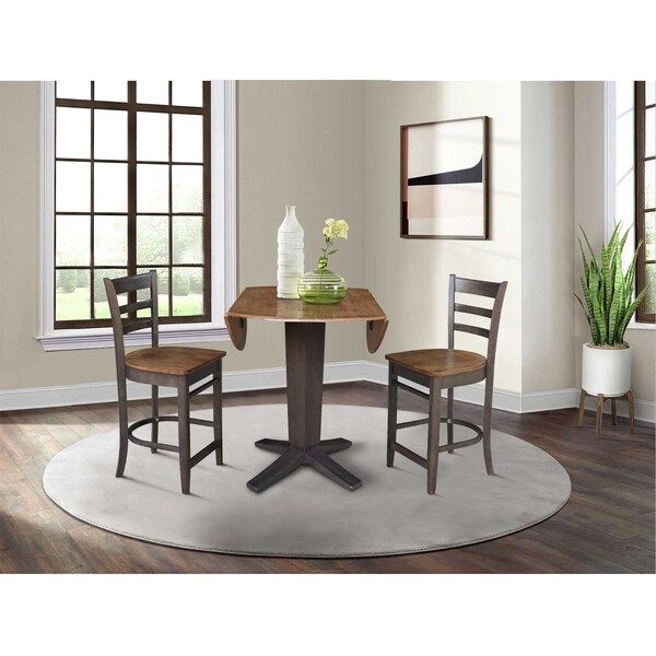 International Concepts 42 in. Solid Wood Dual Drop Leaf Dining Table with 2 Counter Height Stools in Hickory/Washed Coal - K45-42DPT-23-S6172-2