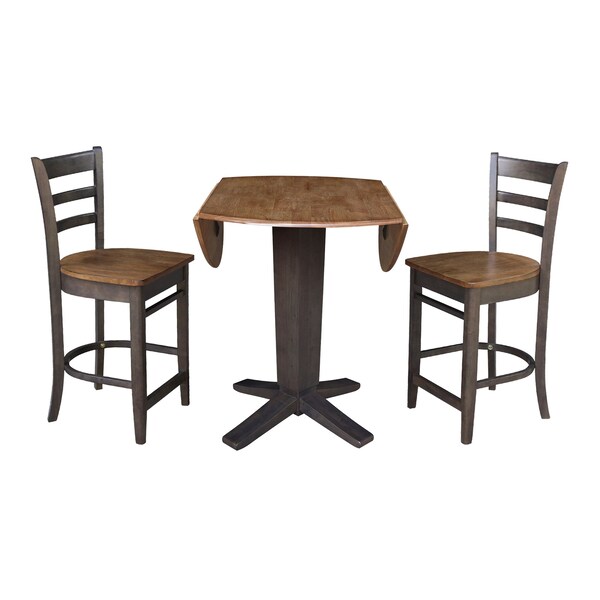International Concepts 42 in. Solid Wood Dual Drop Leaf Dining Table with 2 Counter Height Stools in Hickory/Washed Coal - K45-42DPT-23-S6172-2