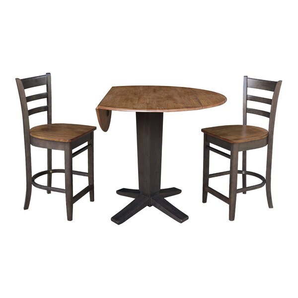 International Concepts 42 in. Solid Wood Dual Drop Leaf Dining Table with 2 Counter Height Stools in Hickory/Washed Coal - K45-42DPT-23-S6172-2