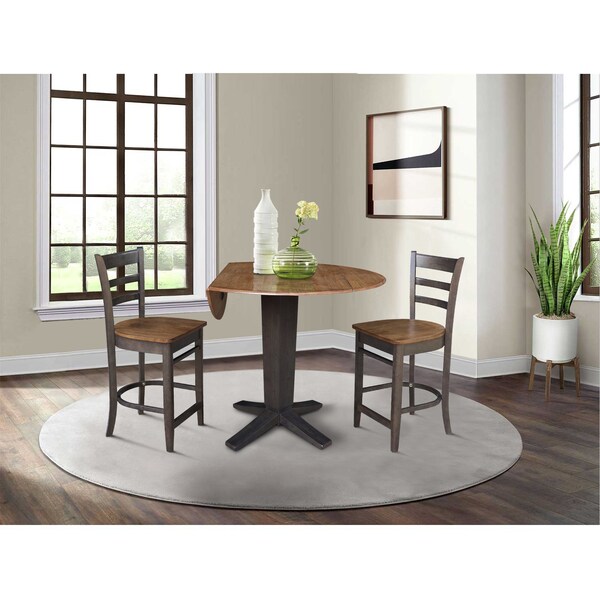 International Concepts 42 in. Solid Wood Dual Drop Leaf Dining Table with 2 Counter Height Stools in Hickory/Washed Coal - K45-42DPT-23-S6172-2