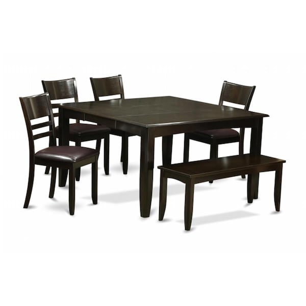 East West Furniture 6 Piece Dining Set With Benchdining Table With Leaf and 4 Dinette Chair Plus Bench - PFLY6-CAP-LC