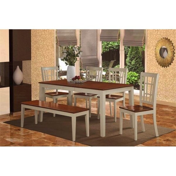 East West Furniture East West Furniture NICO6-WHI-W 6 Piece Dining Room Set For 4-Table With Leaf and 4 Kitchen Chairs Plus Bench - NICO6-WHI-W