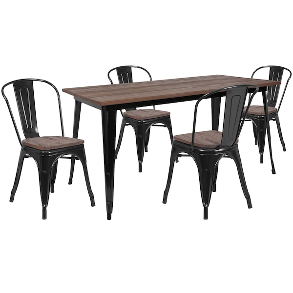 Flash Furniture Rectangle Black Metal Table Set with Wood Top and, 30.25" W, 60" L, 30.5" H, Wood, Wood Grain - CH-WD-TBCH-27-GG