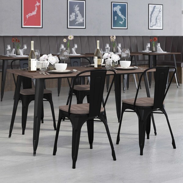 Flash Furniture Rectangle Black Metal Table Set with Wood Top and, 30.25" W, 60" L, 30.5" H, Wood, Wood Grain - CH-WD-TBCH-27-GG