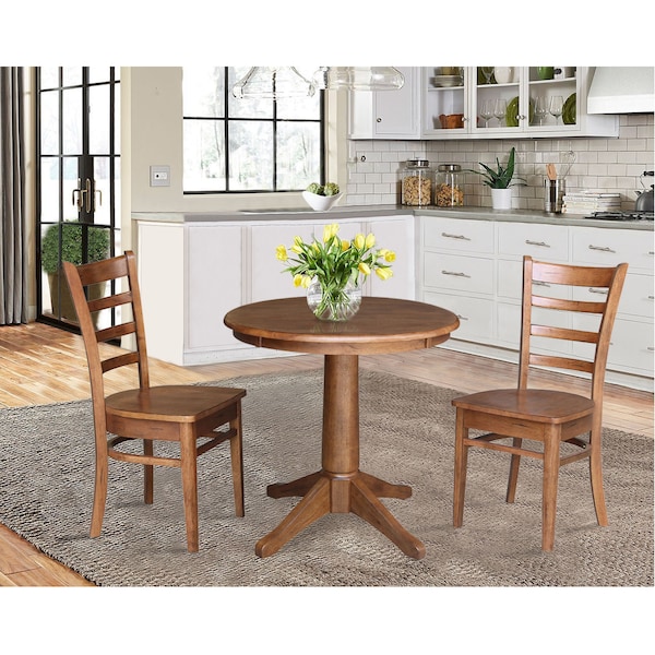 International Concepts Round 30 in Rd Top Pedestal Table, 2 Emily Chairs, Distressed Oak, 30 in W, 30 in L, 29.9 in H - K42-30RT-27B-C617-2