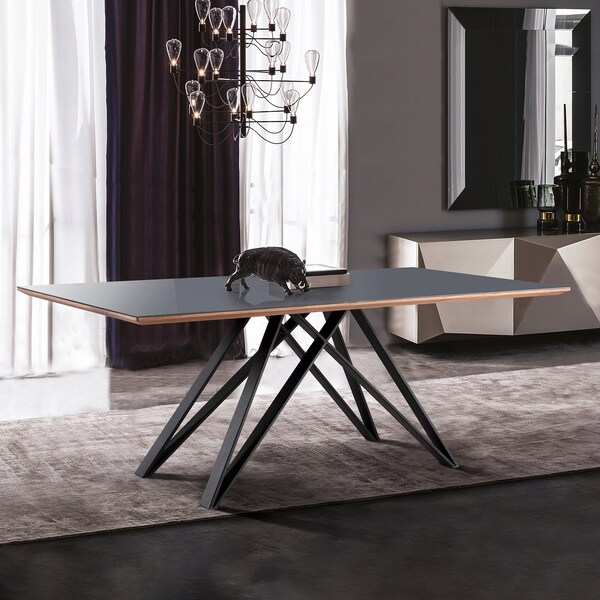 Armen Living Urbino Mid-Century Dining Table in Matte Black Finish with Walnut and Dark Gray Glass Top - LCURDIBL