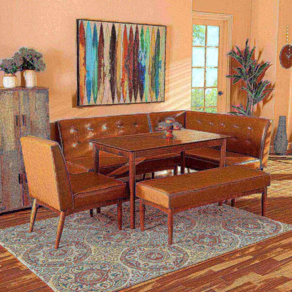 Baxton Studio Arvid Mid-Century Modern Tan Faux Leather and Walnut Brown Finished Wood 5-Piece Dining Nook Set - 175-10837-10838-10839-9305-ZORO