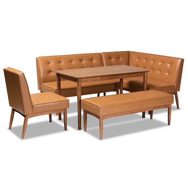 Baxton Studio Arvid Mid-Century Modern Tan Faux Leather and Walnut Brown Finished Wood 5-Piece Dining Nook Set - 175-10837-10838-10839-9305-ZORO