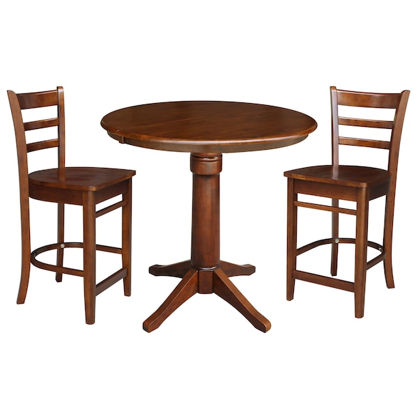 International Concepts 36 in. Round Extension Dining Table with 2 Emily Counter Height Stools - 3 Piece Set - K581-36RXT-27-S61722
