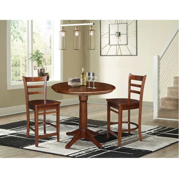 International Concepts 36 in. Round Extension Dining Table with 2 Emily Counter Height Stools - 3 Piece Set - K581-36RXT-27-S61722