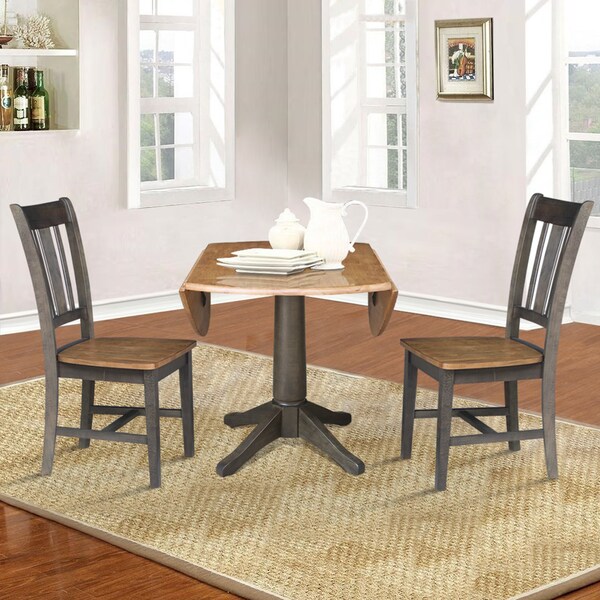 International Concepts Round Round 42 in. Dual Drop Leaf Dining Table with 2 Splatback Chairs in Hickory/Washed Coal, Wood - K45-42DPT-27B-C10-2