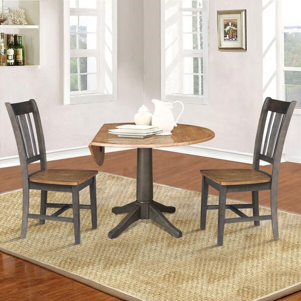 International Concepts Round Round 42 in. Dual Drop Leaf Dining Table with 2 Splatback Chairs in Hickory/Washed Coal, Wood - K45-42DPT-27B-C10-2