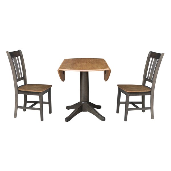 International Concepts Round Round 42 in. Dual Drop Leaf Dining Table with 2 Splatback Chairs in Hickory/Washed Coal, Wood - K45-42DPT-27B-C10-2