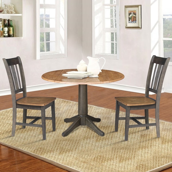 International Concepts Round Round 42 in. Dual Drop Leaf Dining Table with 2 Splatback Chairs in Hickory/Washed Coal, Wood - K45-42DPT-27B-C10-2