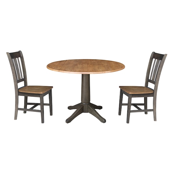 International Concepts Round Round 42 in. Dual Drop Leaf Dining Table with 2 Splatback Chairs in Hickory/Washed Coal, Wood - K45-42DPT-27B-C10-2