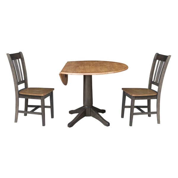 International Concepts Round Round 42 in. Dual Drop Leaf Dining Table with 2 Splatback Chairs in Hickory/Washed Coal, Wood - K45-42DPT-27B-C10-2