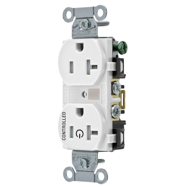 Hubbell Wiring Device-Kellems Straight Blade Devices, Receptacles, Duplex, 1/2 Load Controlled, 20A 125V, 2-Pole 3-Wire Grounding, 5-20R, Back and Side Wired, White - BR20C1WHITR