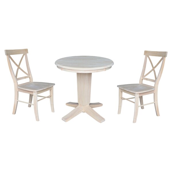 International Concepts 30 in. Solid Wood Round Top Pedestal Dining Table with 2 Chairs, Unfinished - K-30RT-23B-C613-2