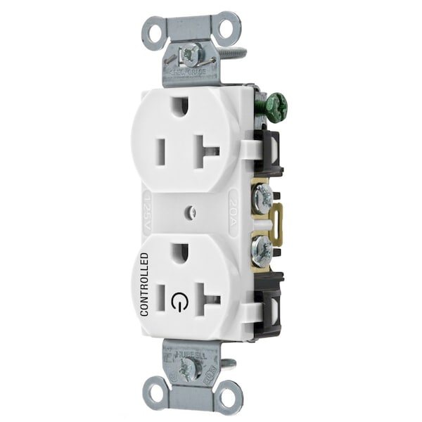 Hubbell Wiring Device-Kellems Straight Blade Devices, Receptacles, Duplex, 1/2 Load Controlled, 20A 125V, 2-Pole 3-Wire Grounding, 5-20R, Back and Side Wired, White - BR20C1WHI