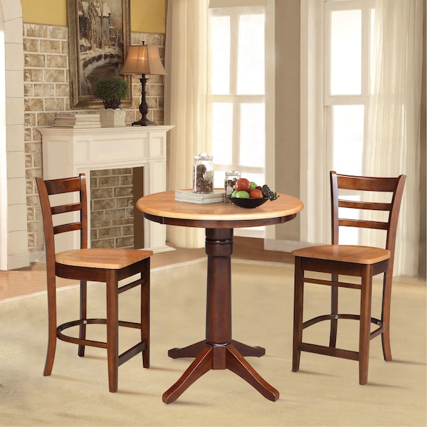 International Concepts 30 in. Round Pedestal Counter Height Table with 2 Emily Counter Height Stools - 3 Piece Set - K58-30RT-27B-S6172-2