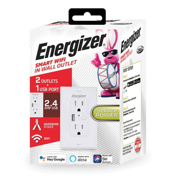Energizer Wi-Fi Smart In-Wall Power Outlet Receptacle with USB Port - EWO3-1001-WHT