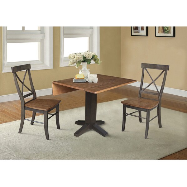International Concepts 36 in. Solid Wood Square Dual Drop Leaf Dining Table with 2 Chairs in Hickory/Washed Coal - K45-36SDP-C613-2