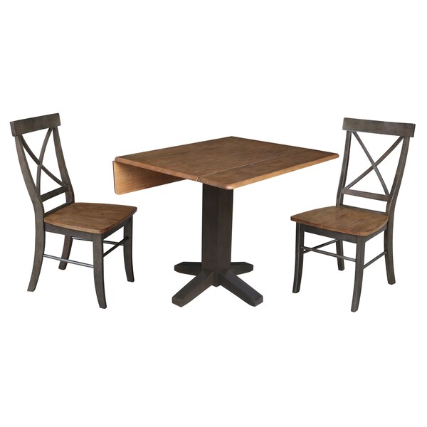 International Concepts 36 in. Solid Wood Square Dual Drop Leaf Dining Table with 2 Chairs in Hickory/Washed Coal - K45-36SDP-C613-2