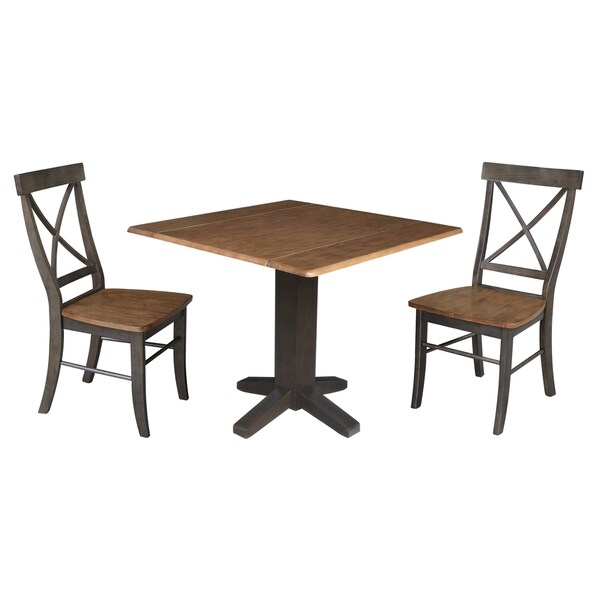 International Concepts 36 in. Solid Wood Square Dual Drop Leaf Dining Table with 2 Chairs in Hickory/Washed Coal - K45-36SDP-C613-2