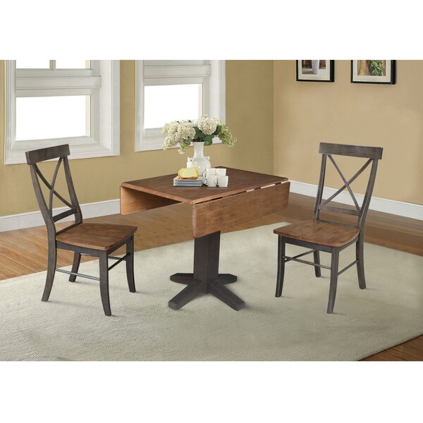 International Concepts 36 in. Solid Wood Square Dual Drop Leaf Dining Table with 2 Chairs in Hickory/Washed Coal - K45-36SDP-C613-2