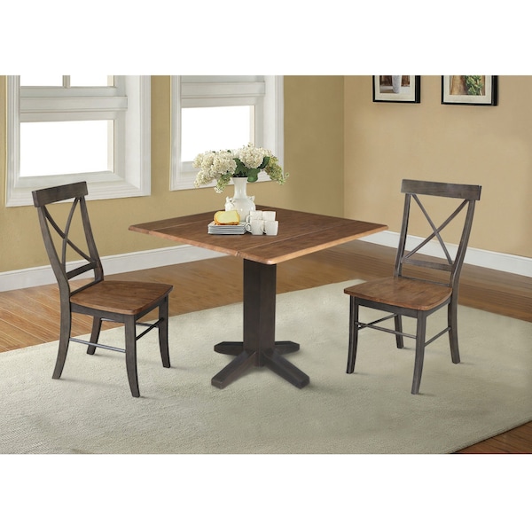 International Concepts 36 in. Solid Wood Square Dual Drop Leaf Dining Table with 2 Chairs in Hickory/Washed Coal - K45-36SDP-C613-2