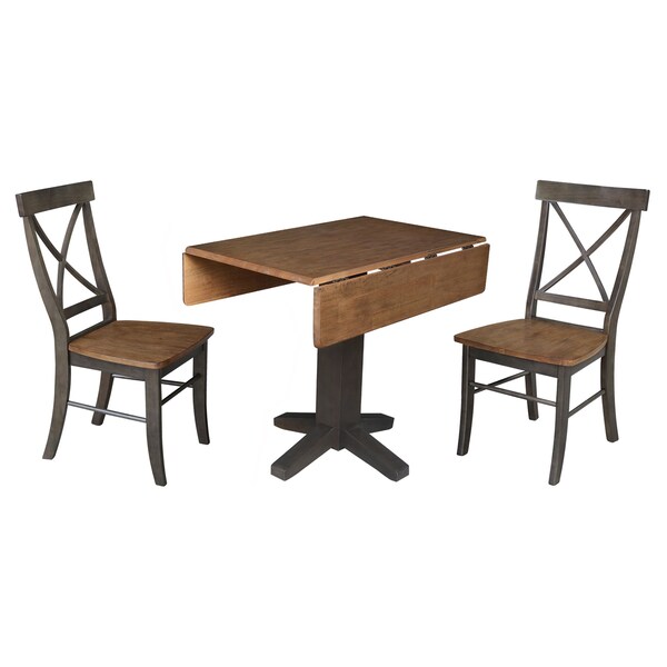 International Concepts 36 in. Solid Wood Square Dual Drop Leaf Dining Table with 2 Chairs in Hickory/Washed Coal - K45-36SDP-C613-2