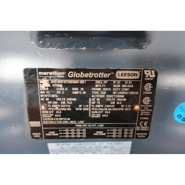 Marathon GLOBETROTTER 365TS 3PH 100HP 3568RPM 1-7/8IN 230/460V-AC AC MOTOR - UVD 365TSTDBD6001 BBI GT0086