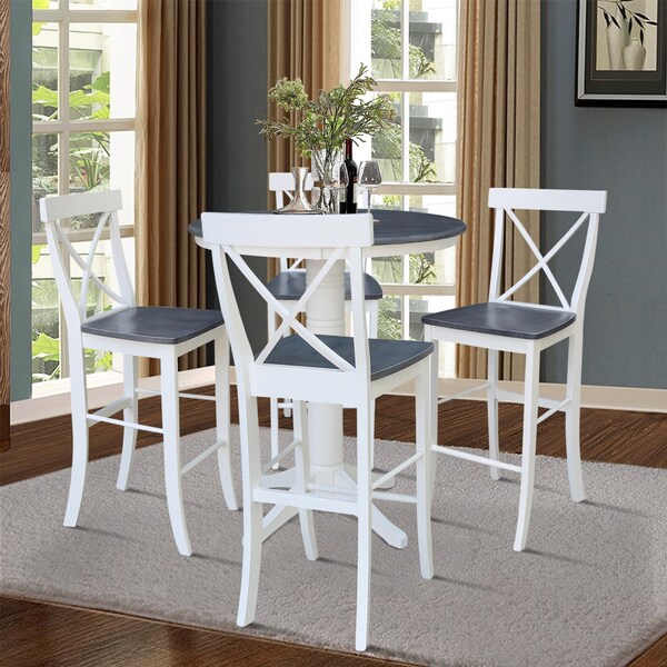 International Concepts 36 in. Solid Wood Round Top Pedestal Bar Height Dining Table w/4 X-Back Stools, White/Heather Gray - K05-36RT-27B-S6133-4