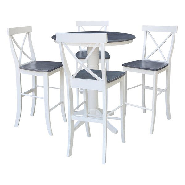International Concepts 36 in. Solid Wood Round Top Pedestal Bar Height Dining Table w/4 X-Back Stools, White/Heather Gray - K05-36RT-27B-S6133-4