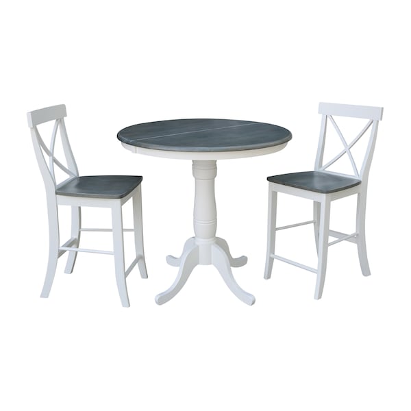 International Concepts Round 36 in Rd Extend Dining Table, 2 X-back Stools, White/Heather Gray, 36 in W, 48 in L, 35.3 in H - K05-36RXT-6B-S6132-2