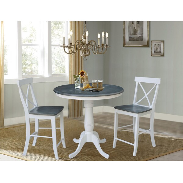 International Concepts Round 36 in Rd Extend Dining Table, 2 X-back Stools, White/Heather Gray, 36 in W, 48 in L, 35.3 in H - K05-36RXT-6B-S6132-2