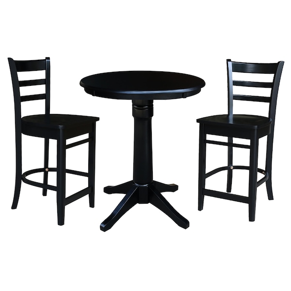 International Concepts 30 in. Round Pedestal Gathering Height Table with 2 Emily Counter Height Stools - 3 Piece Set - K46-30RT-27B-S6172-2
