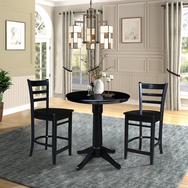 International Concepts 30 in. Round Pedestal Gathering Height Table with 2 Emily Counter Height Stools - 3 Piece Set - K46-30RT-27B-S6172-2
