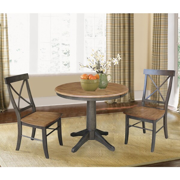 International Concepts Round 36 in Rd Extension Dining Table, 2 X-Back Chairs, Hickory/Washed Coal, 36 in W, 48 in L, Wood - K45-36RXT-27B-C613-2
