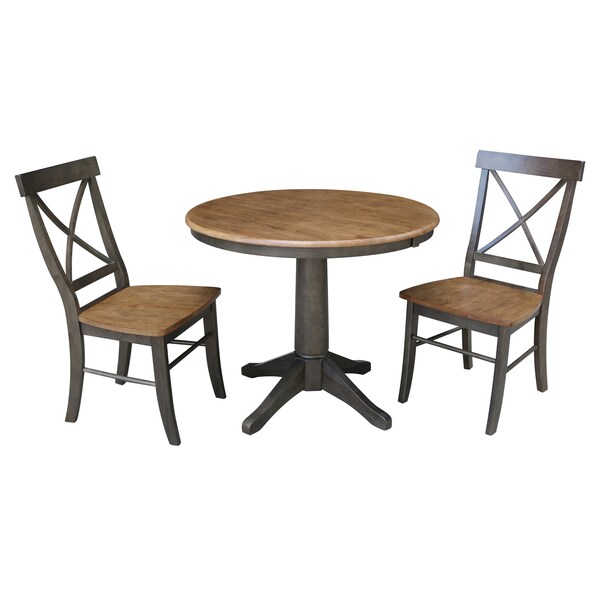 International Concepts Round 36 in Rd Extension Dining Table, 2 X-Back Chairs, Hickory/Washed Coal, 36 in W, 48 in L, Wood - K45-36RXT-27B-C613-2