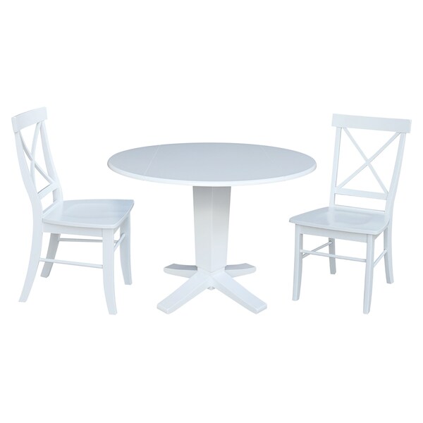 International Concepts 42 in. Solid Wood Dual Drop Leaf Dining Table with 2 Chairs in White - K08-42DPT-23B-C613-2