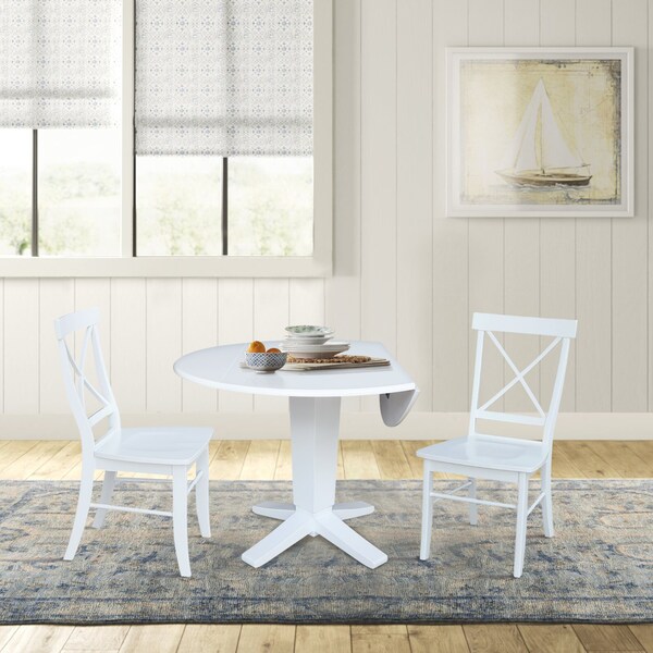 International Concepts 42 in. Solid Wood Dual Drop Leaf Dining Table with 2 Chairs in White - K08-42DPT-23B-C613-2