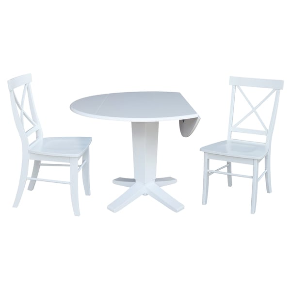 International Concepts 42 in. Solid Wood Dual Drop Leaf Dining Table with 2 Chairs in White - K08-42DPT-23B-C613-2