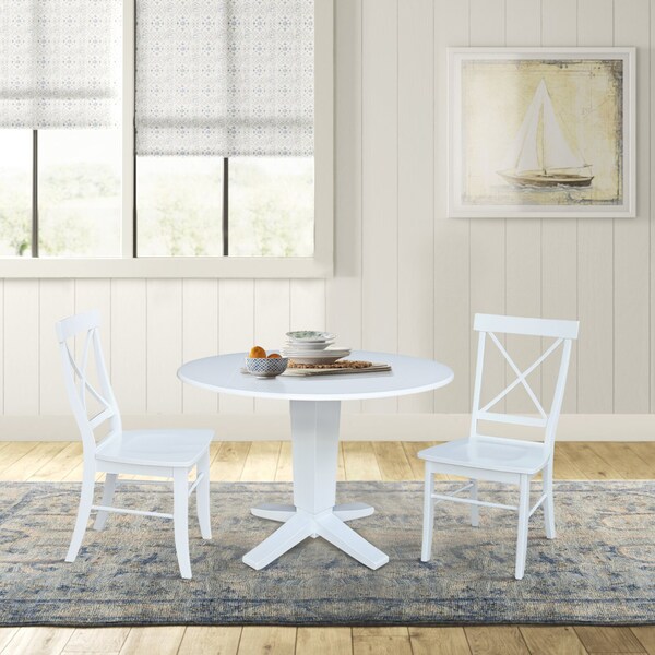 International Concepts 42 in. Solid Wood Dual Drop Leaf Dining Table with 2 Chairs in White - K08-42DPT-23B-C613-2