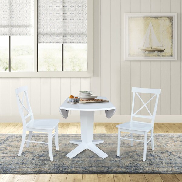 International Concepts 42 in. Solid Wood Dual Drop Leaf Dining Table with 2 Chairs in White - K08-42DPT-23B-C613-2