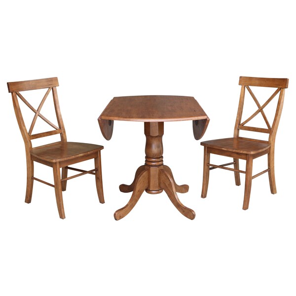 International Concepts Round 42 in Dual Drop Leaf Table, 2 X-Back Chairs, Distressed Oak, 42 in W, 42 in L, 29.5 in H - K42-42DP-C613P