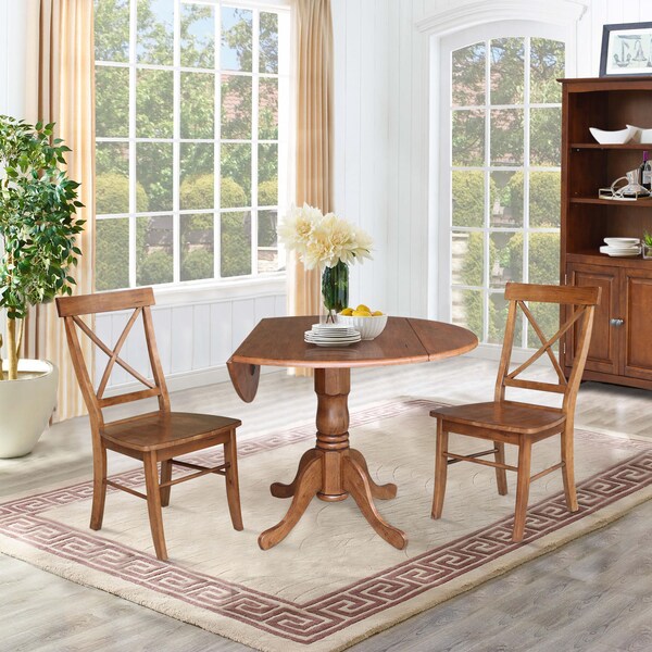 International Concepts Round 42 in Dual Drop Leaf Table, 2 X-Back Chairs, Distressed Oak, 42 in W, 42 in L, 29.5 in H - K42-42DP-C613P